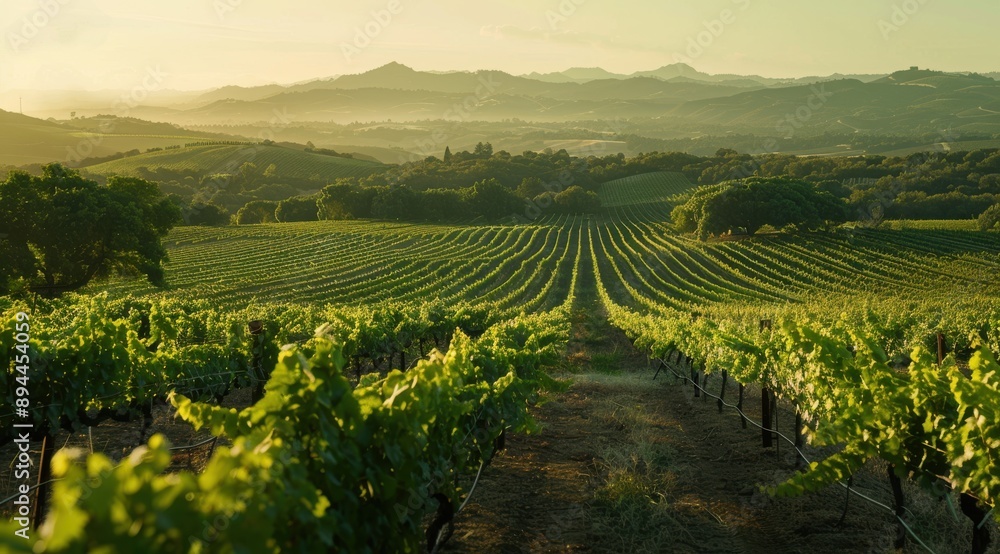 Fototapeta premium A lush green vineyard with a beautiful view of the mountains. The vines are neatly lined up and the landscape is serene and peaceful