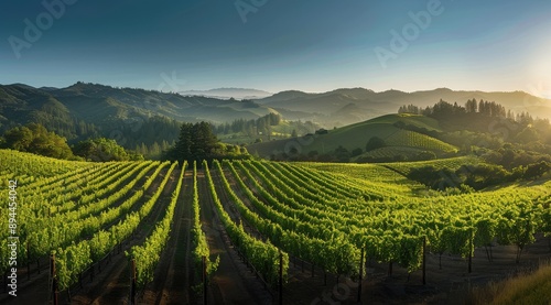 Wallpaper Mural A vineyard with rows of green vines and a beautiful view of the mountains. The sun is setting, casting a warm glow over the landscape Torontodigital.ca
