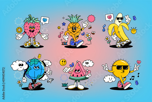 Funny cartoon characters on various topics. Can be used as Sticker, posters, prints. The comic elements in trendy retro cartoon style. Vector illustration