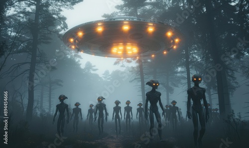 A group of aliens are walking through a forest, with a large UFO hovering above them. Scene is eerie and unsettling, as the aliens seem to be in a strange and unfamiliar environment