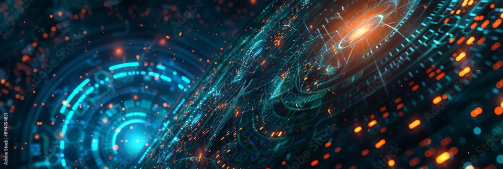 Obraz premium Futuristic digital tech background with abstract graphics and data flow depicting innovation and connectivity