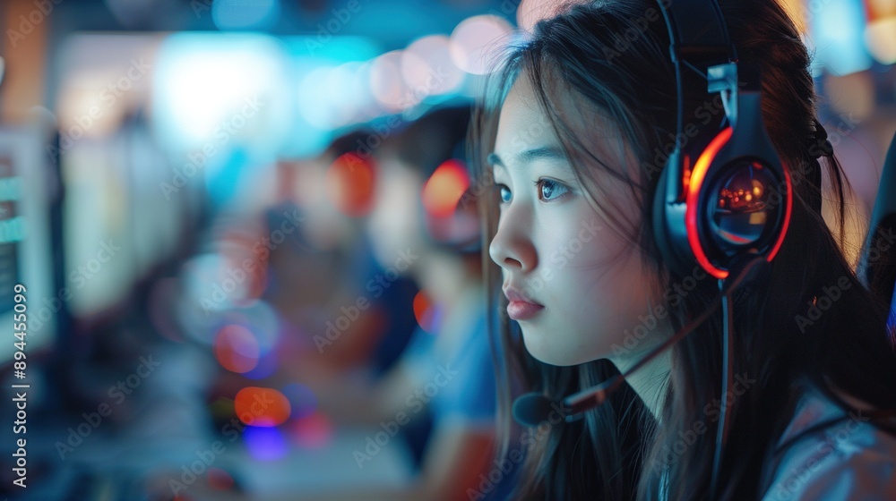 A woman wearing a headset is looking at a computer screen A woman wearing a headset is looking at a computer screen