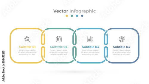 Colorful business infographic template. Timeline process with marketing icons and 4 options or steps. Vector illustration.