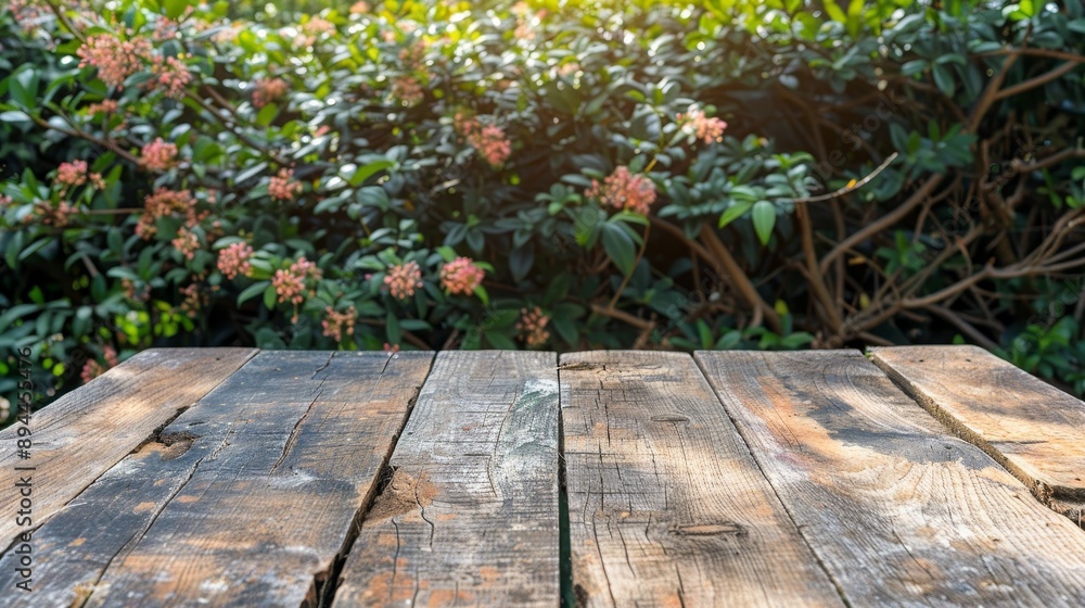 Vibrant spring foliage and blossoming branches with wooden table outdoors in garden sunlight Vibrant spring foliage and blossoming branches with wooden table outdoors in garden sunlight