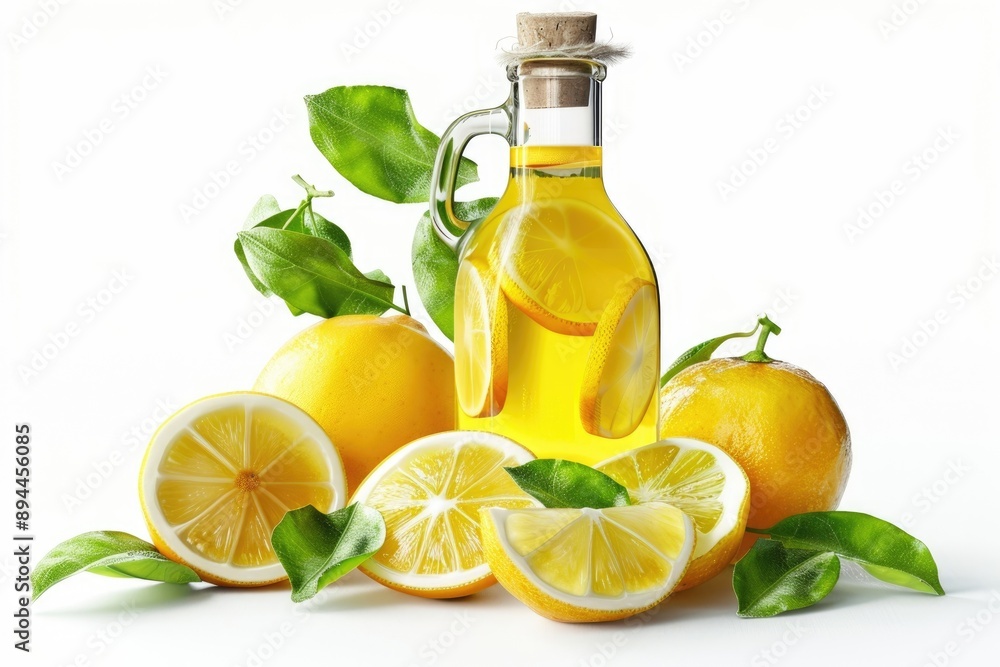 Fresh lemonade bottle with ripe citrus fruits. Isolated on white background Fresh lemonade bottle with ripe citrus fruits. Isolated on white background