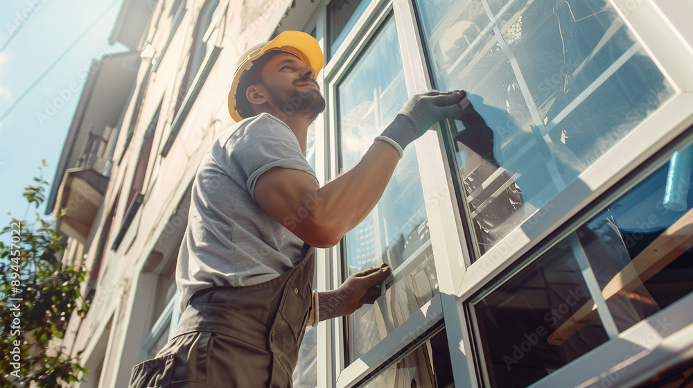 Construction worker cleaning a building window with gloves and helmet under bright sunlight. Building maintenance, construction safety, professional cleaning services, labor, sunny day. Construction worker cleaning a building window with gloves and helmet under bright sunlight. Building maintenance, construction safety, professional cleaning services, labor, sunny day.