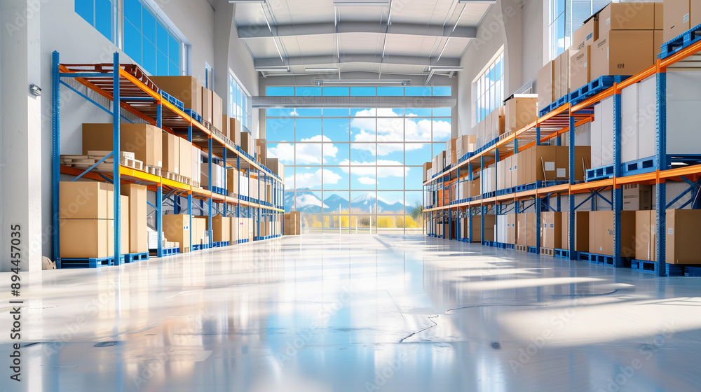 Large warehouse interior with organized storage shelves and cardboard ...