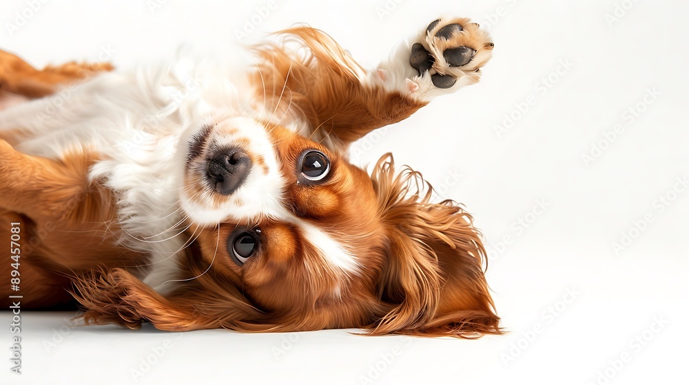 Naklejka premium Playful Cavalier King Charles Spaniel Rolling on Back
