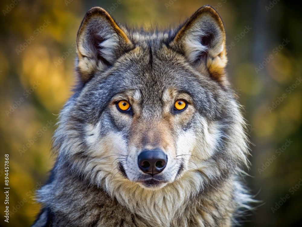 A majestic grey wolf's piercing yellow eyes stare intensely into the camera, its thick grey fur and pointed ears exuding power and wild beauty in nature. A majestic grey wolf's piercing yellow eyes stare intensely into the camera, its thick grey fur and pointed ears exuding power and wild beauty in nature.