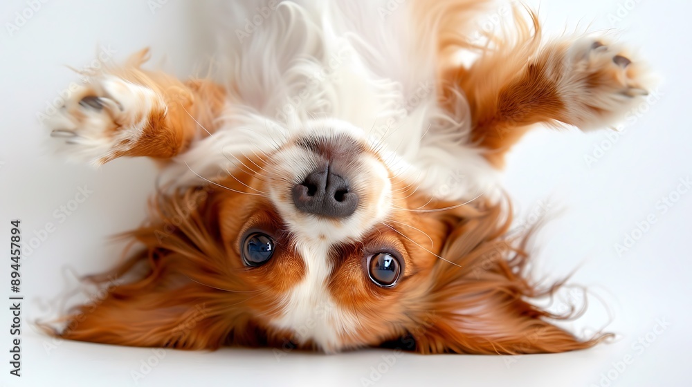 Naklejka premium Playful Cavalier King Charles Spaniel Puppy Rolling on Back