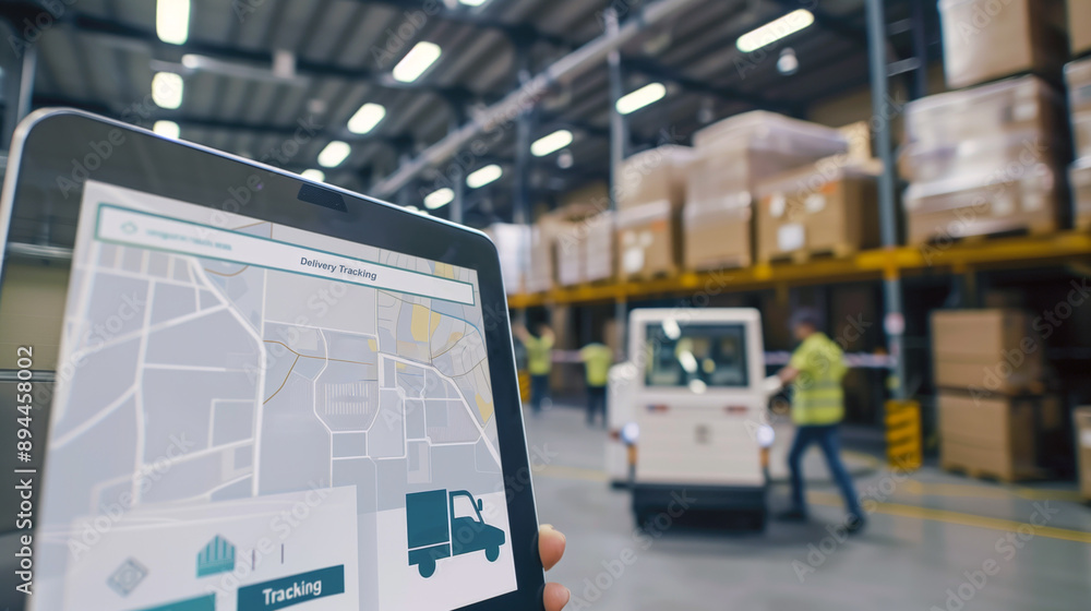 Fototapeta premium Warehouse workers using digital tablet for delivery tracking in a large storage facility. Inventory management, supply chain optimization, logistics operations, warehouse technology concept.