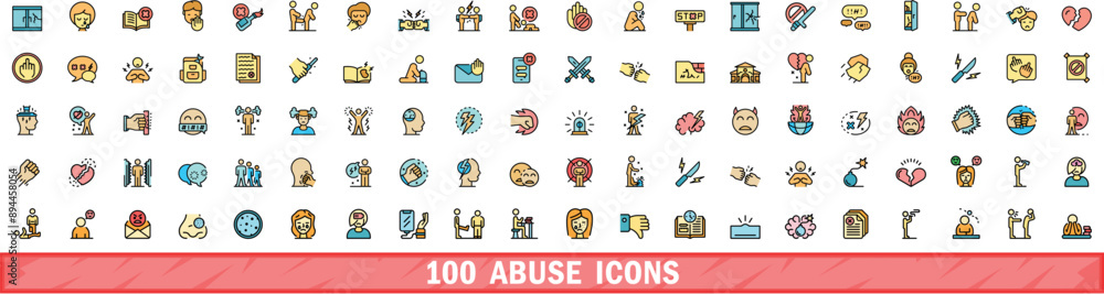 Fototapeta premium 100 abuse icons set. Color line set of abuse vector icons thin line color flat on white