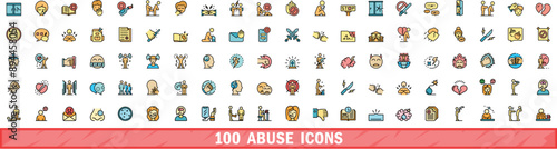 100 abuse icons set. Color line set of abuse vector icons thin line color flat on white