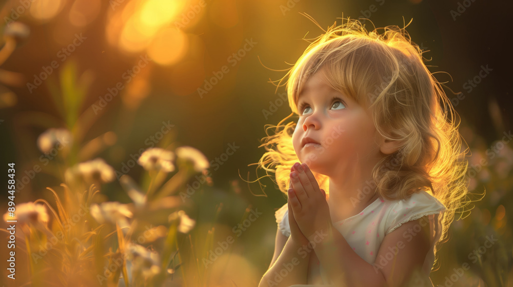 Little girl in a field of wildflowers praying with a warm golden sunset background. Spirituality, hope, innocence, nature, tranquility, prayer, childhood, outdoors, peaceful moment concept. Little girl in a field of wildflowers praying with a warm golden sunset background. Spirituality, hope, innocence, nature, tranquility, prayer, childhood, outdoors, peaceful moment concept.