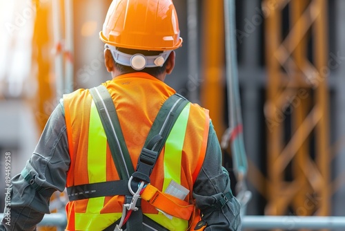 Worker wearing full safety gear, including harness, helmet, and reflective vest 