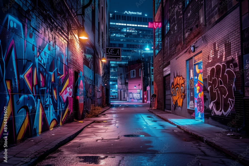 Fototapeta premium Narrow alley with vibrant graffiti and neon lights during nighttime in urban cityscape. Street art, urban culture, city nightlife, urban exploration, alternative tourism, photojournalism.