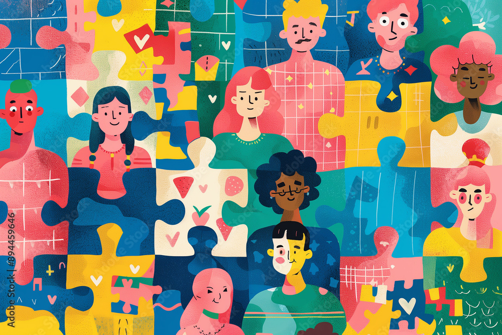 Colorful illustration of diverse people as jigsaw puzzle pieces, representing community and inclusion. Diversity, teamwork, cooperation, unity, social connection, collaboration, belonging, identity. Colorful illustration of diverse people as jigsaw puzzle pieces, representing community and inclusion. Diversity, teamwork, cooperation, unity, social connection, collaboration, belonging, identity.