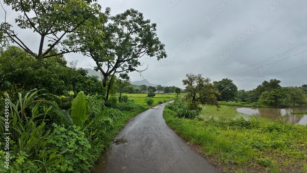A scenic rural road in Maharashtra, surrounded by lush greenery and vegetation, under a cloudy sky during the monsoon season. A scenic rural road in Maharashtra, surrounded by lush greenery and vegetation, under a cloudy sky during the monsoon season.