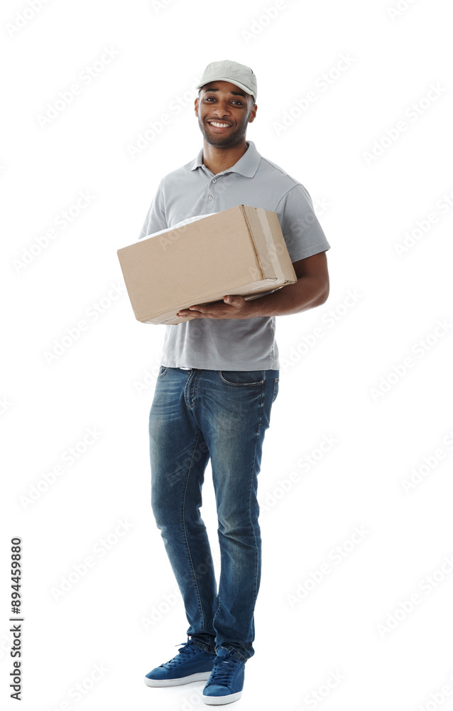 Box, portrait and service with delivery man in studio isolated on white background for commercial logistics. Ecommerce, package and smile of happy courier employee with parcel for online shopping Box, portrait and service with delivery man in studio isolated on white background for commercial logistics. Ecommerce, package and smile of happy courier employee with parcel for online shopping