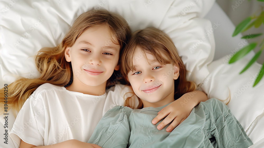 Happy children siblings smiling together on a bed. Two joyful girls enjoying a moment of love and happiness while embracing each other. Cute childhood portrait with friendly expressions Happy children siblings smiling together on a bed. Two joyful girls enjoying a moment of love and happiness while embracing each other. Cute childhood portrait with friendly expressions