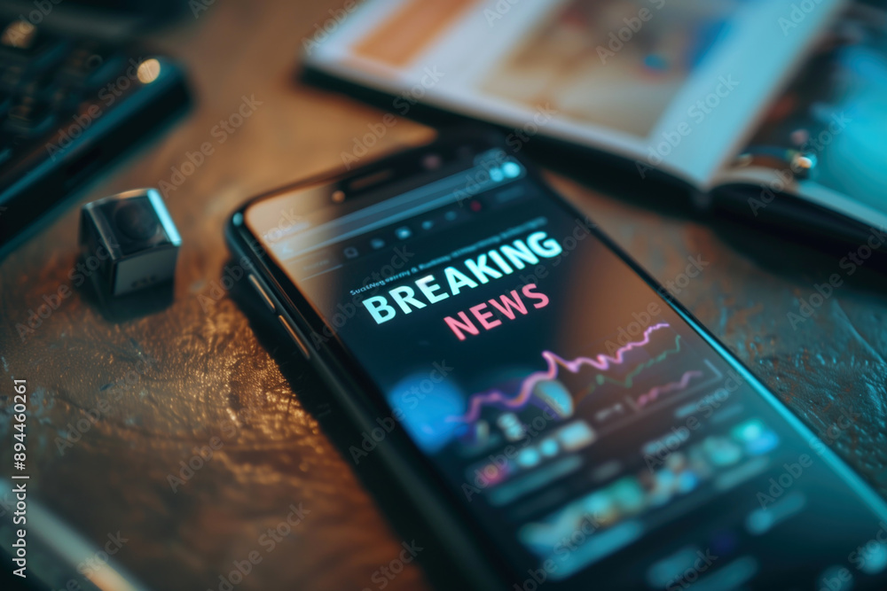 Smartphone displaying breaking news on a news website with a magazine and remote control in the background. Media updates, journalism, online news consumption, digital age. Smartphone displaying breaking news on a news website with a magazine and remote control in the background. Media updates, journalism, online news consumption, digital age.