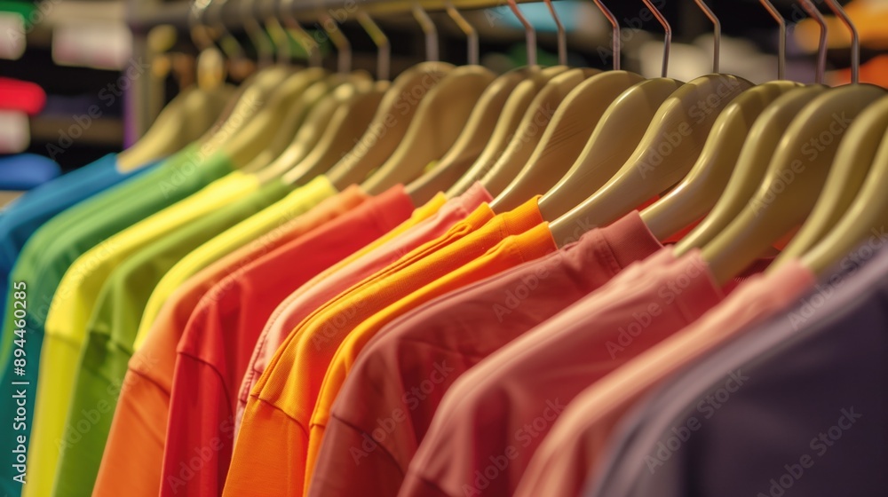 Colorful shirts neatly arranged on hangers in a clothing store display. Apparel retail, fashion, shopping, merchandise, vibrant colors, textile industry, clothing rack, boutique, store decor. Colorful shirts neatly arranged on hangers in a clothing store display. Apparel retail, fashion, shopping, merchandise, vibrant colors, textile industry, clothing rack, boutique, store decor.