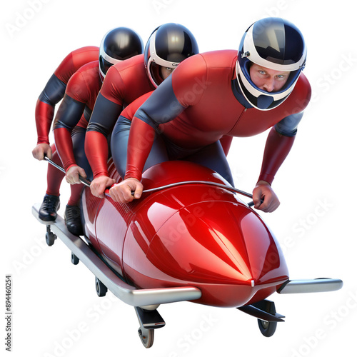 Four-man bobsled team racing down an icy track