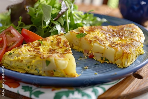 Spanish tortilla potato omelette sliced and served with a side of salad photo