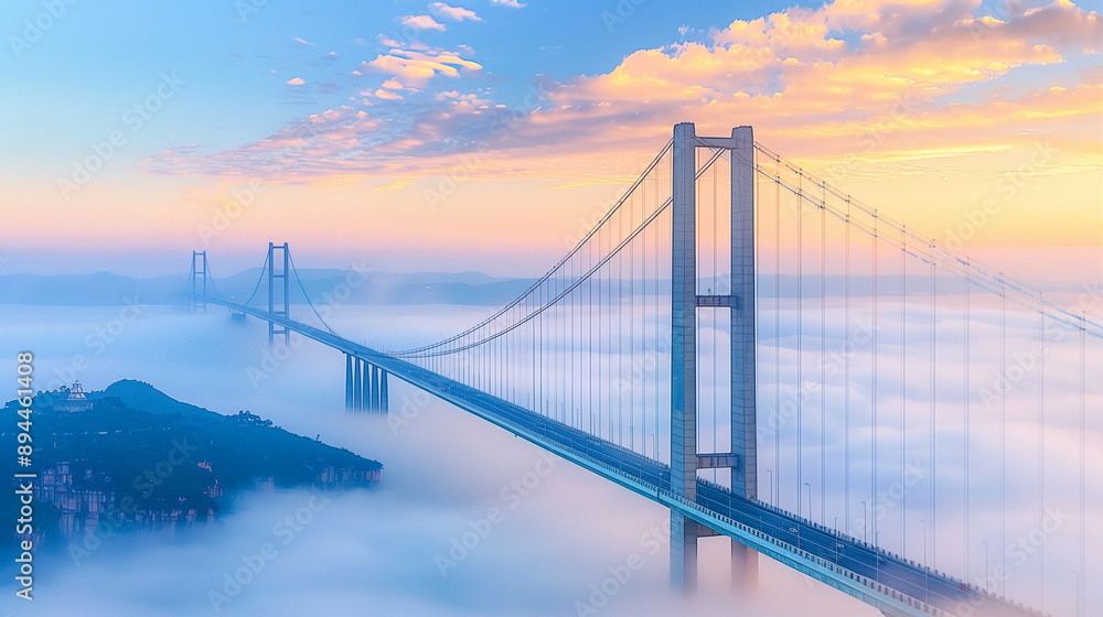 Stunning Bridge Above the Misty Landscape at Sunrise. Captivating View of Bridge Over Foggy Terrain with Dramatic Sky. Scenic Beauty of Nature and Engineering Stunning Bridge Above the Misty Landscape at Sunrise. Captivating View of Bridge Over Foggy Terrain with Dramatic Sky. Scenic Beauty of Nature and Engineering