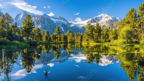 Breathtaking View of a Serene Mountain Lake Surrounded by Lush Pine Forest and Snow-Capped Peaks