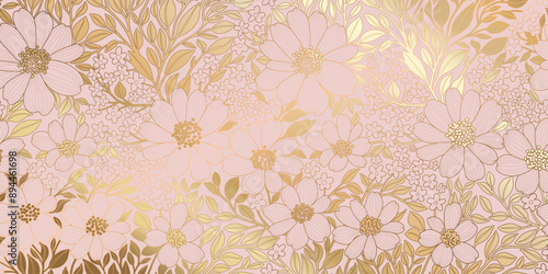 Golden Metallic Foiled Contour Flowers and Leaves on Powder Pink Background. Luxurious Art Deco Wallpaper Design for Print, Poster, Cover, Banner, Invitation, Package, Beauty Products.