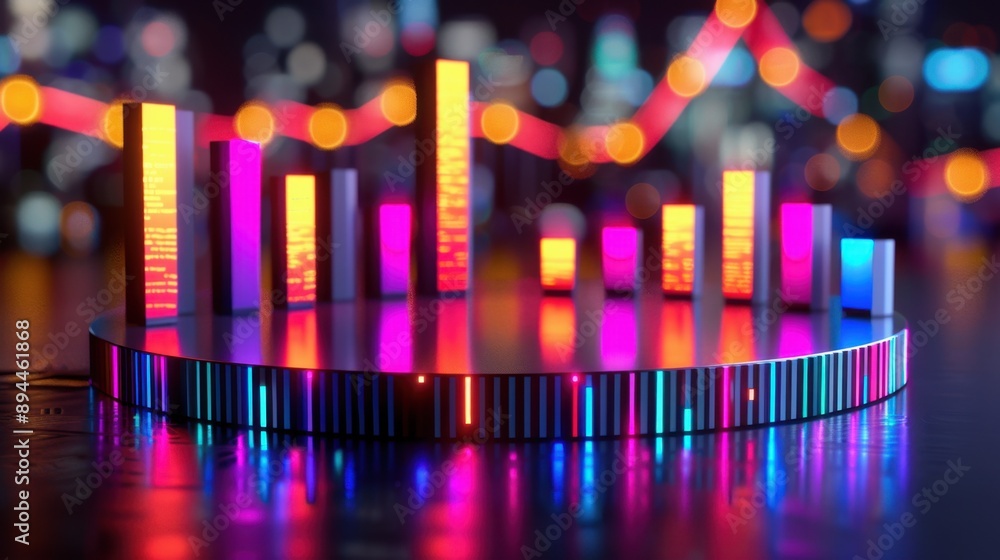 Colorful LED graph chart with blurred city lights in the background, representing data, analytics, and modern technology. Colorful LED graph chart with blurred city lights in the background, representing data, analytics, and modern technology.