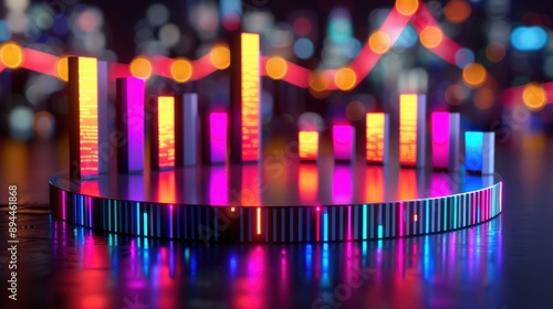 Colorful LED graph chart with blurred city lights in the background, representing data, analytics, and modern technology.