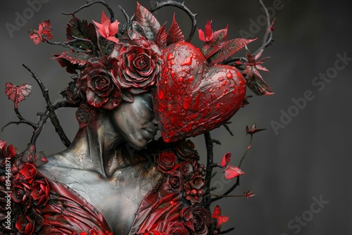 Artistic portrait of model with heartthemed floral headdress and vibrant red palette