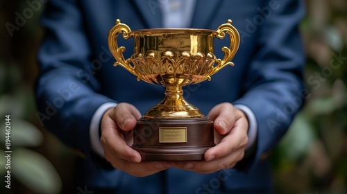 Man in Suit Holding Golden Trophy for Award Ceremonies and Recognition Events