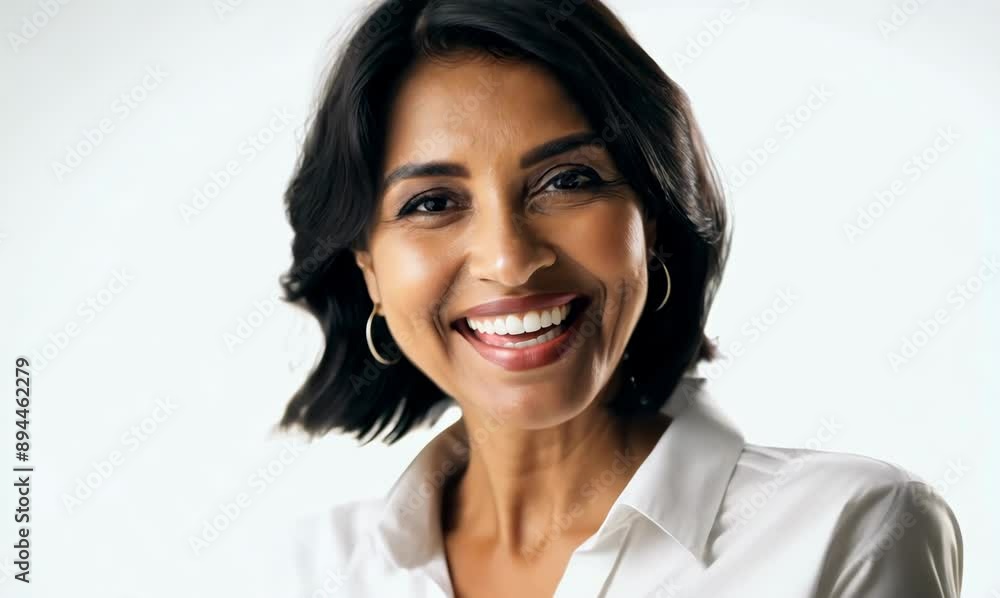 Smiling happy woman in her 40s with dark hair and white shirt on a white background Smiling happy woman in her 40s with dark hair and white shirt on a white background