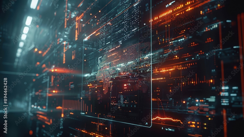 Futuristic digital interface with glowing lines and data points, visualizing advanced technology and cyber network analysis.