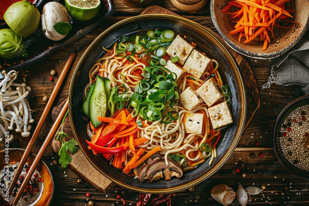 Tofu noodle soup with vegetables and mushrooms on rustic wooden table Tofu noodle soup with vegetables and mushrooms on rustic wooden table