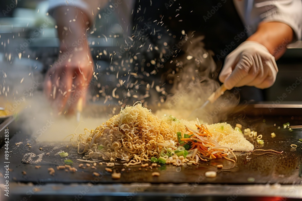 Chef cooking noodles and vegetables on a hot griddle Chef cooking noodles and vegetables on a hot griddle