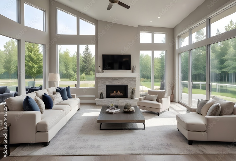 Obraz premium Beautiful living room interior in a new luxury home with an open concept floor plan