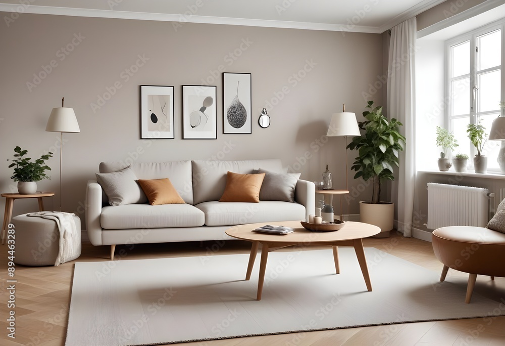 Obraz premium A comfortable, plush sofa in a neutral tone, mid-century furniture pieces such as a wooden coffee table with sleek lines and tapered legs, and a cozy, textured carpet in a light, warm color.