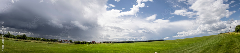Panoramic view of green field with blue sky and white clouds Panoramic view of green field with blue sky and white clouds