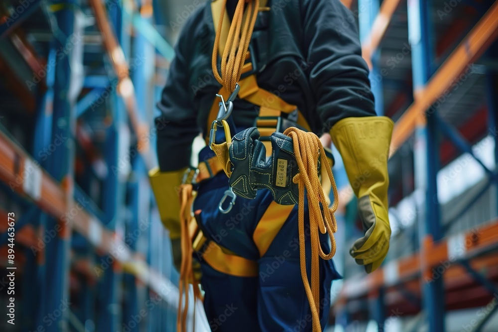Worker inspecting a safety harness with gloves and helmet nearby Worker inspecting a safety harness with gloves and helmet nearby