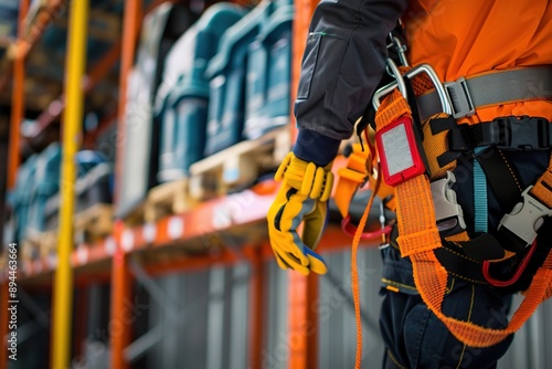 Worker inspecting a safety harness with gloves and helmet nearby 