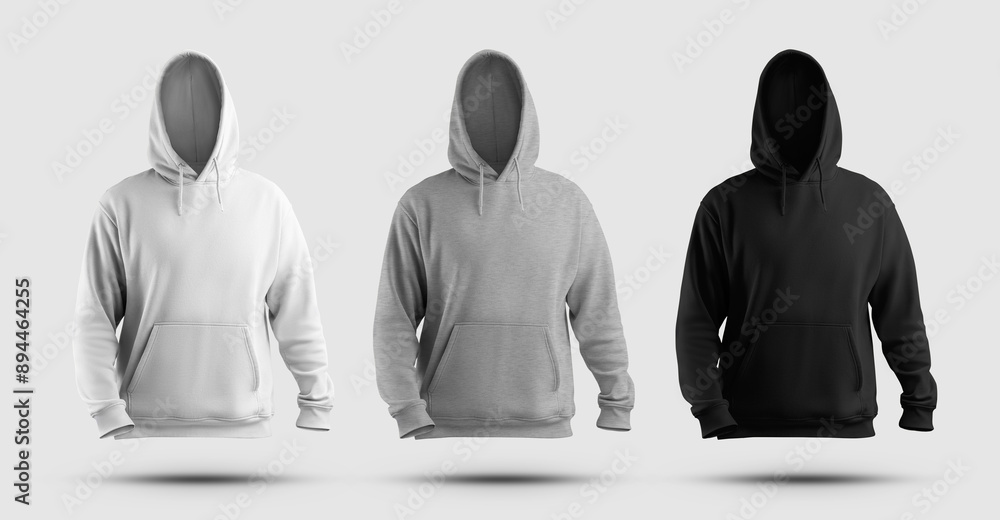 Mockup of white, black, heather oversized hoodie with big hooded sweatshirt, front view 3D rendering, men's clothing set for design, branding. Mockup of white, black, heather oversized hoodie with big hooded sweatshirt, front view 3D rendering, men's clothing set for design, branding.