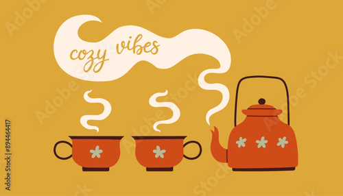 Autumn hand drawn lettering cozy vibes banner. Tea kettle, cups and handwritten slogan. Phrase with cozy design elements