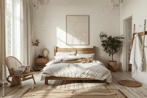 Interior of modern bedroom with white walls, wooden floor, comfortable king size bed and wooden armchair.