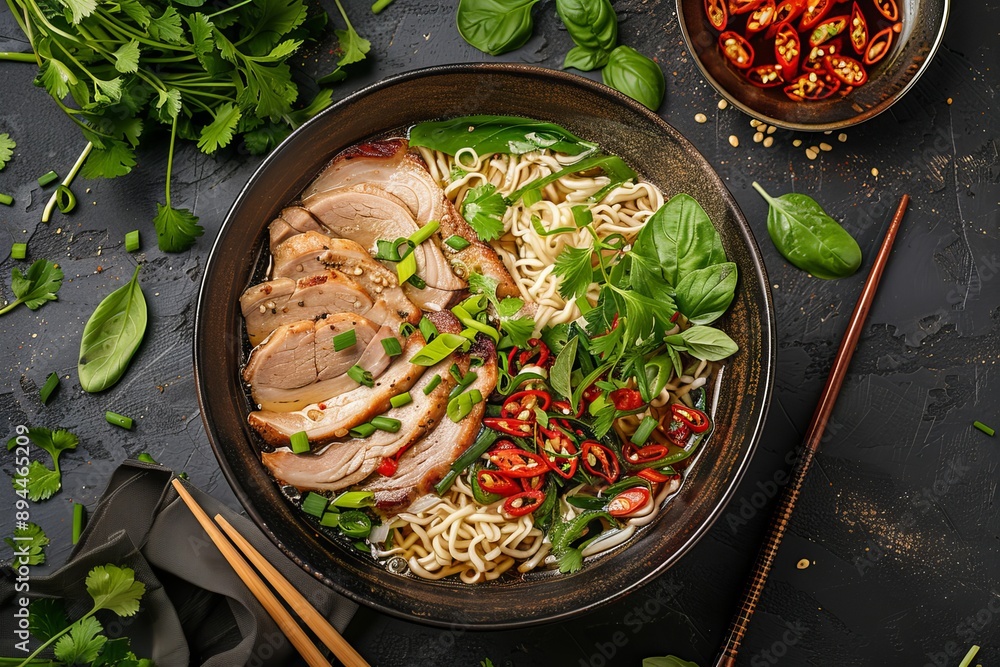 Closeup of a bowl of duck noodle soup with fresh herbs and chili peppers Closeup of a bowl of duck noodle soup with fresh herbs and chili peppers