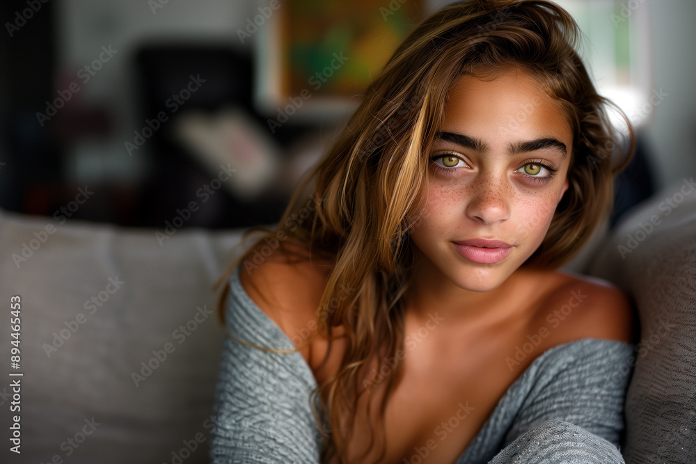 Fototapeta premium Young woman relaxing wearing a blanket on the sofa in a casual pose