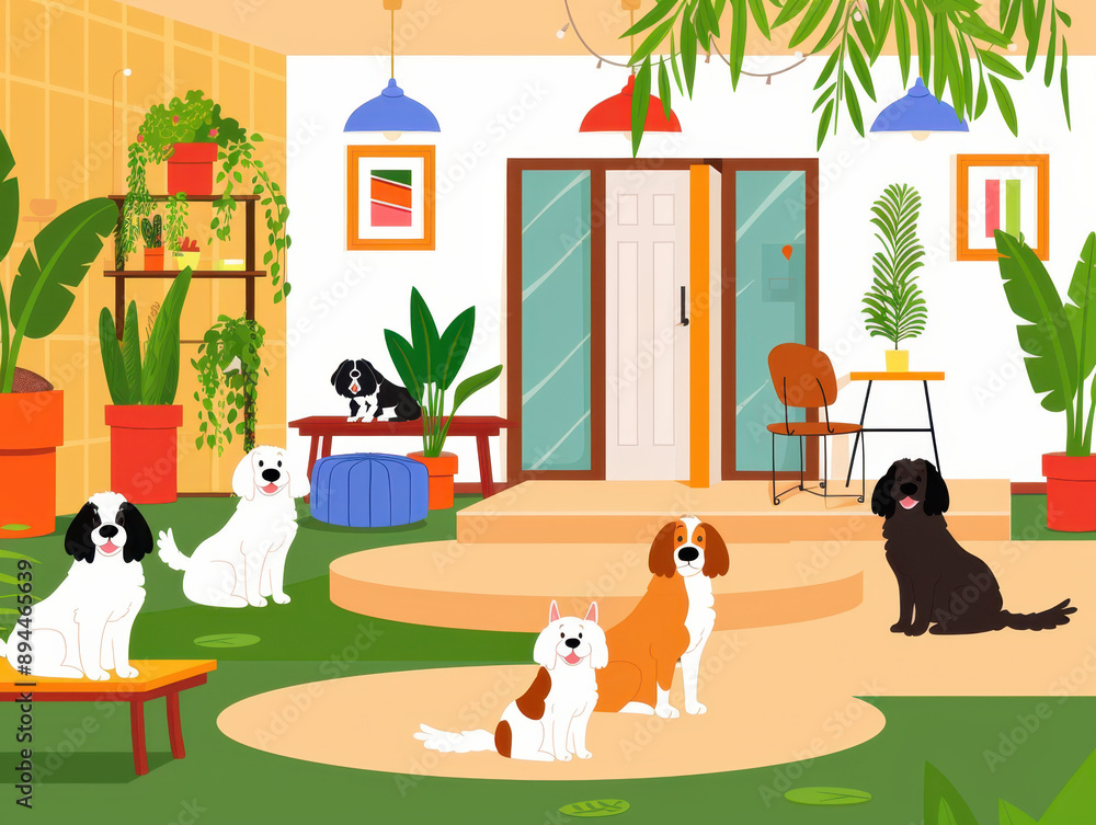 Fototapeta premium Colorful indoor setting featuring diverse dog breeds relaxing among plants, bright furniture, and welcoming entrance